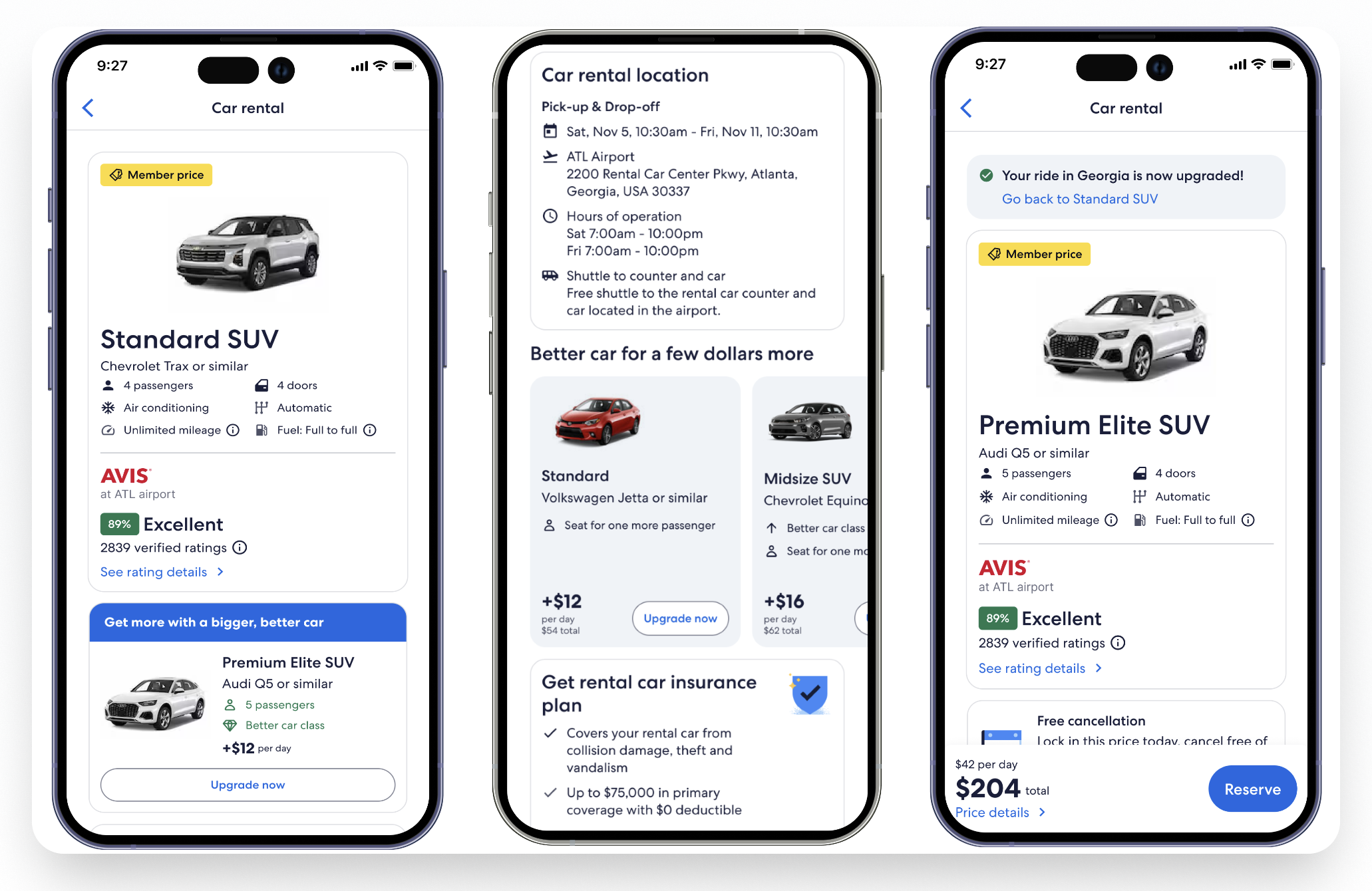 Car Rental Upgrades — High-fidelity screens