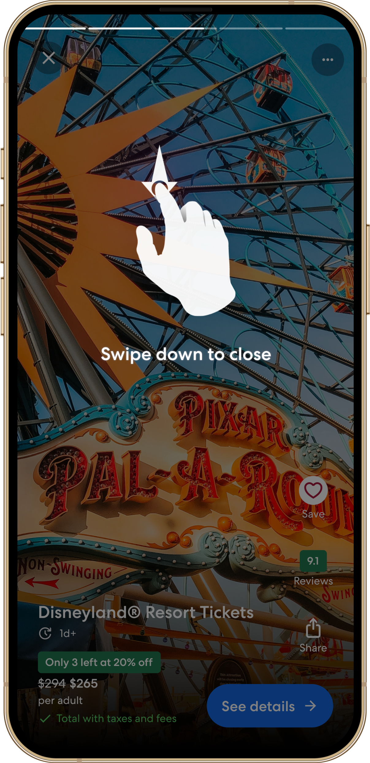 Swipe down gesture to close and return