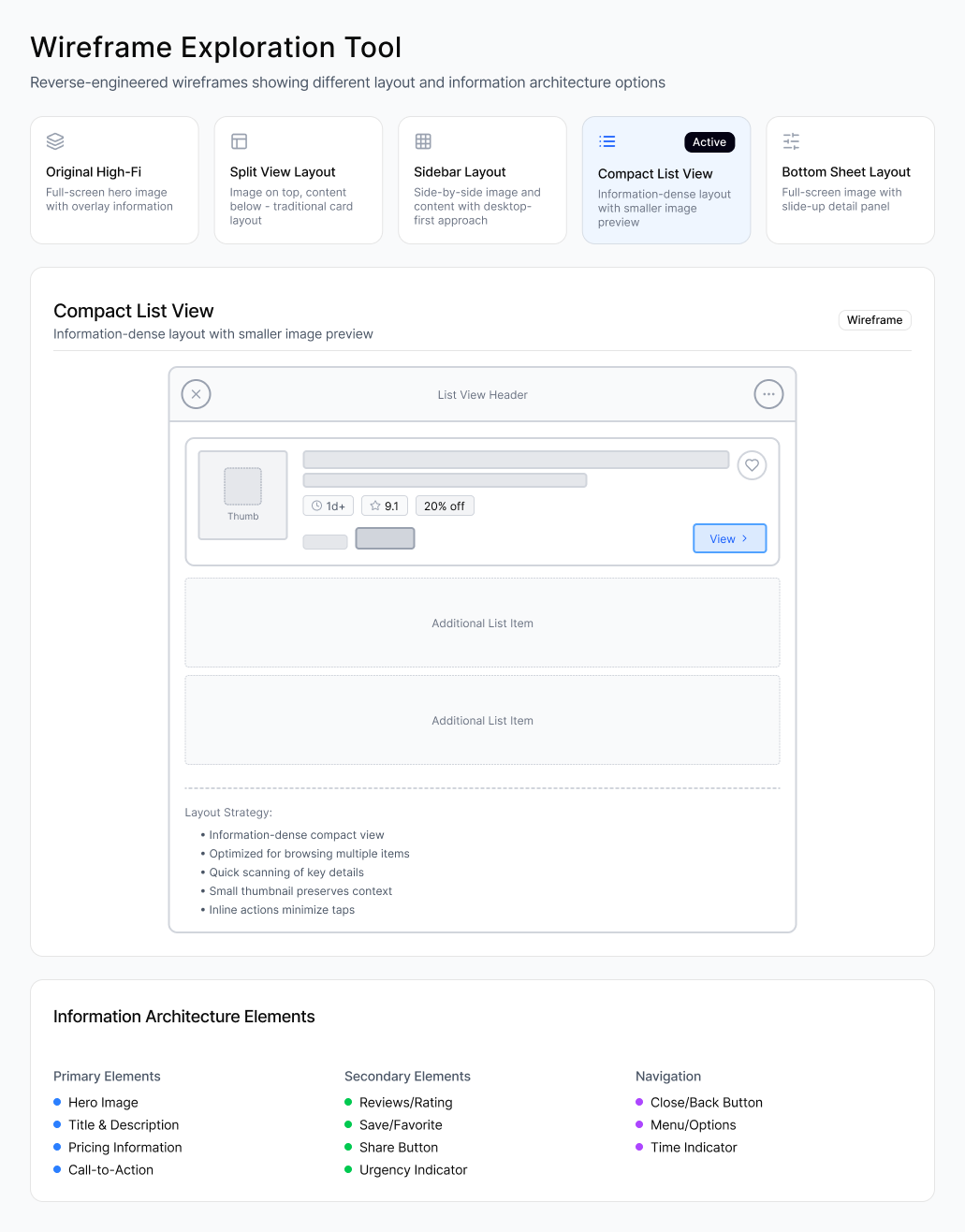 Wireframe — Compact List View