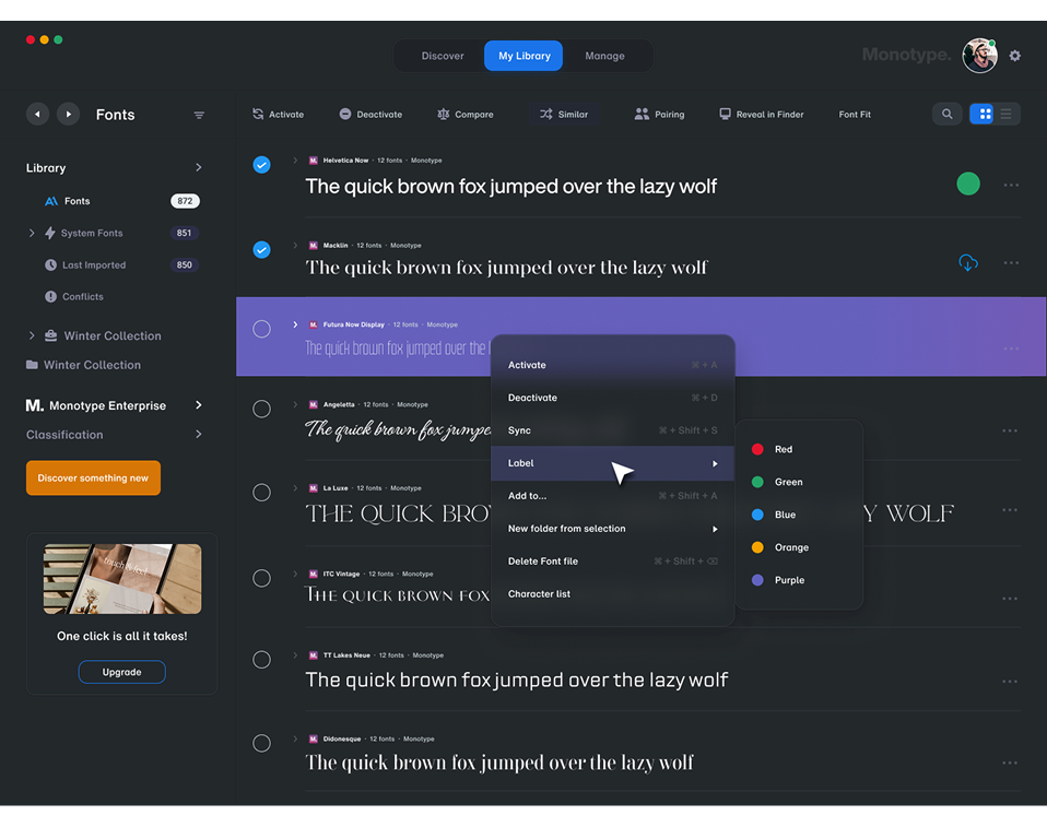 Font Manager — Dark UI with font preview and editing