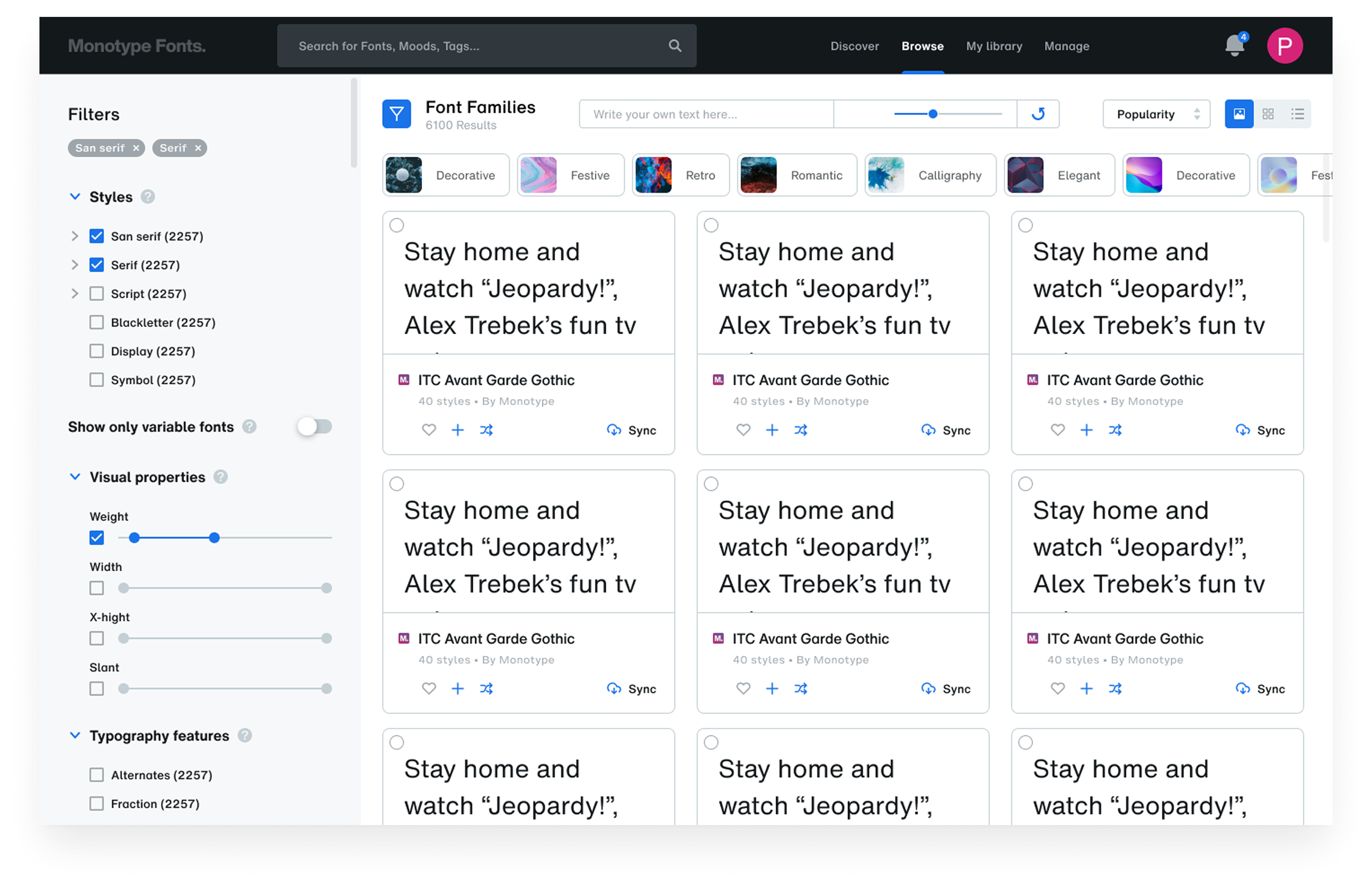 Font Families — Full browse view with filters, styles, and visual properties
