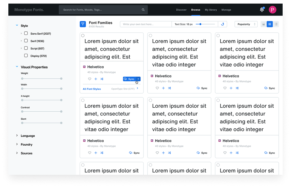 Font Families — Grid layout with sample text preview