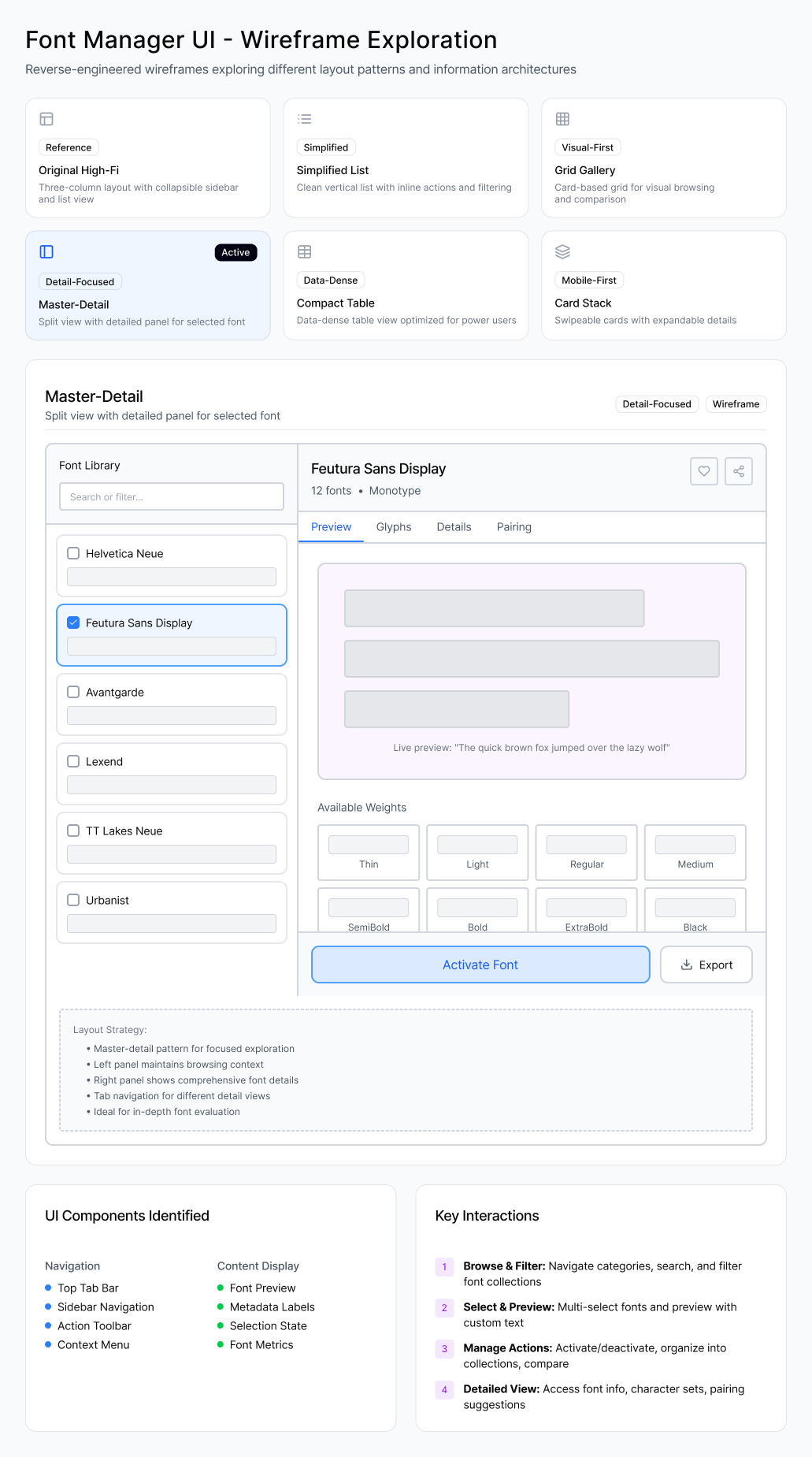 Wireframe — Master-Detail split view with detail panel