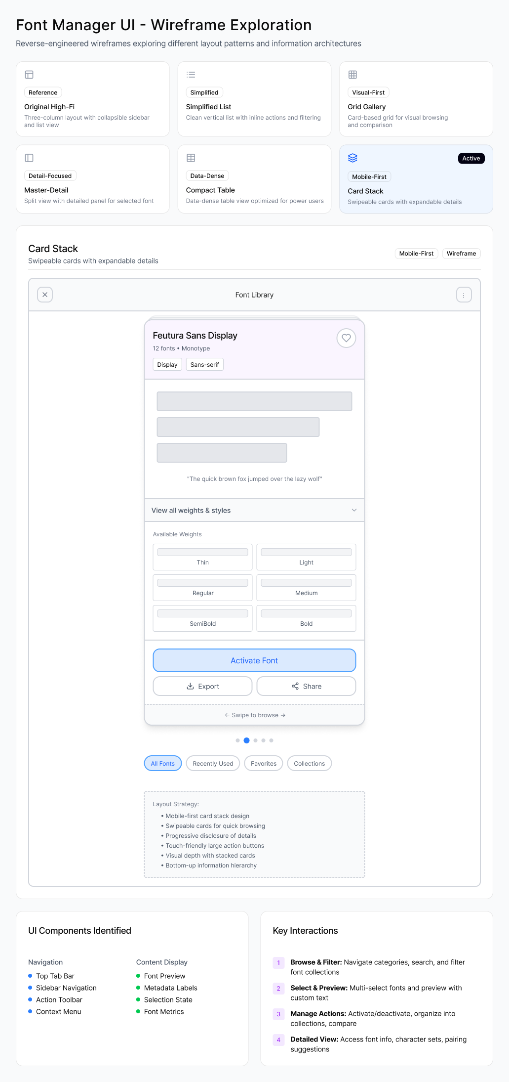Wireframe — Card Stack with expandable details