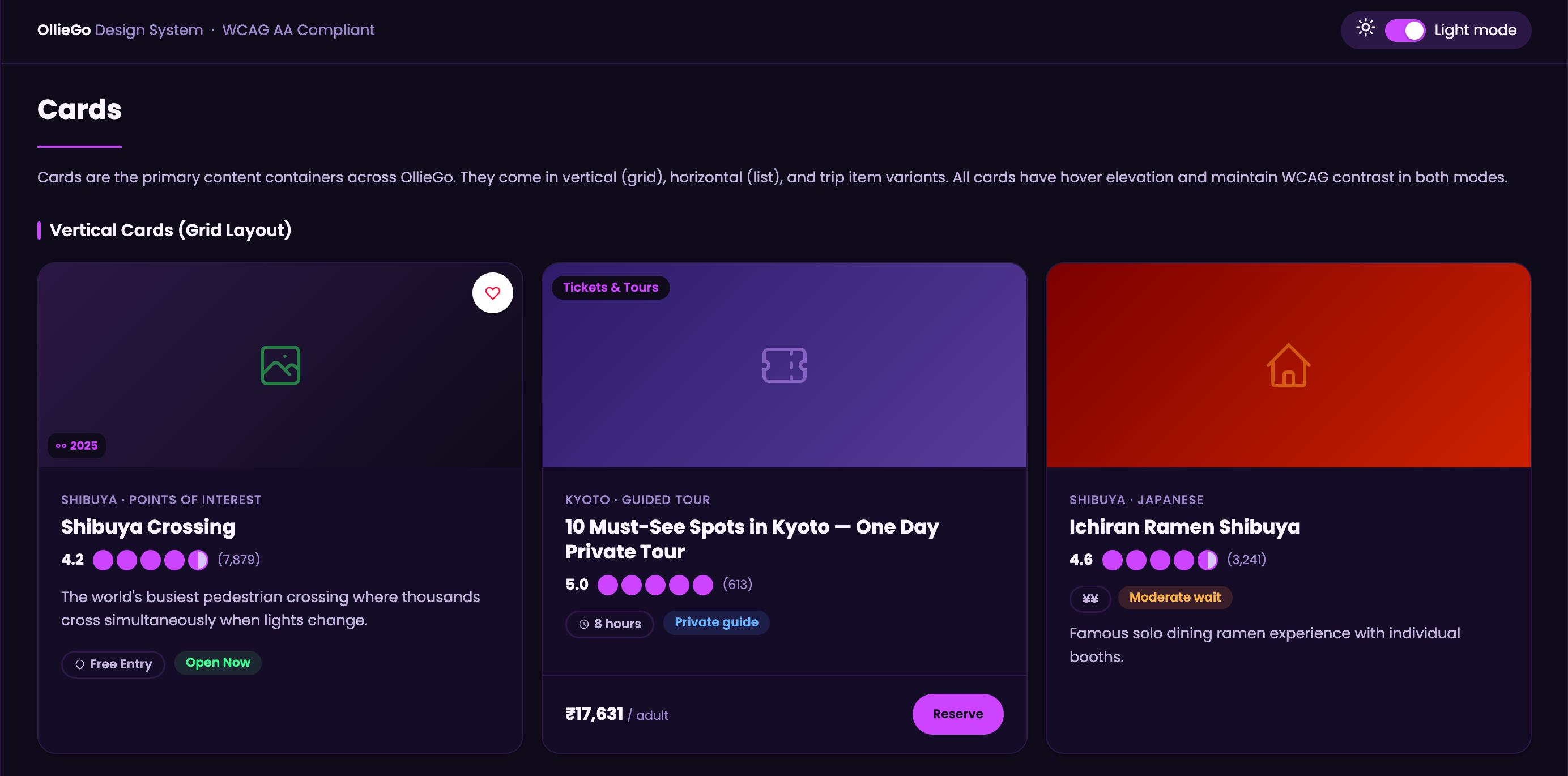 OllieGo Design System — Cards component with dark UI and daughter-brand colour palette