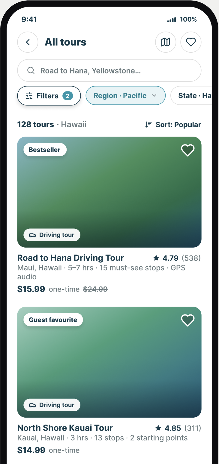 Proposed tour cards — rating, price, duration on the card